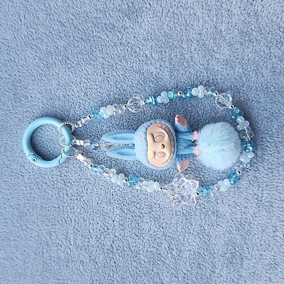 labubu Accessories - ®️Custom-made Blue Labubu Keychain with Beads & Pom Pom